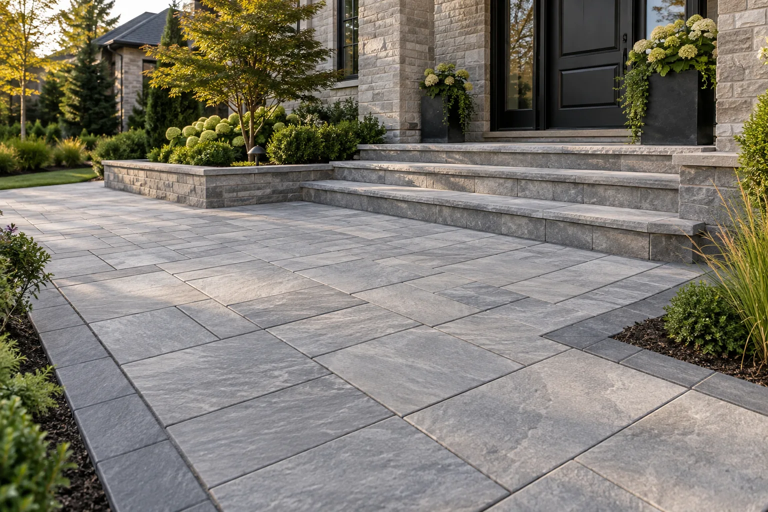 Illustrative stone patio, walkway and garden steps